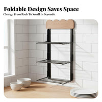 Multi-Tier Foldable Ingredient Rack Space-Saving Kitchen Organizer Strong Load-Bearing Wall Shelf Raised Guardrail for Home Cooks, Apartment Dwellers, Food Enthusiasts, over Countertop, Pantry