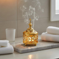 Multi-Functional Golden Metal Censer Light Luxury Ornate Tabletop Censer Easy to Clean Arabic Design Bakhoor Burner for Bedroom, Office