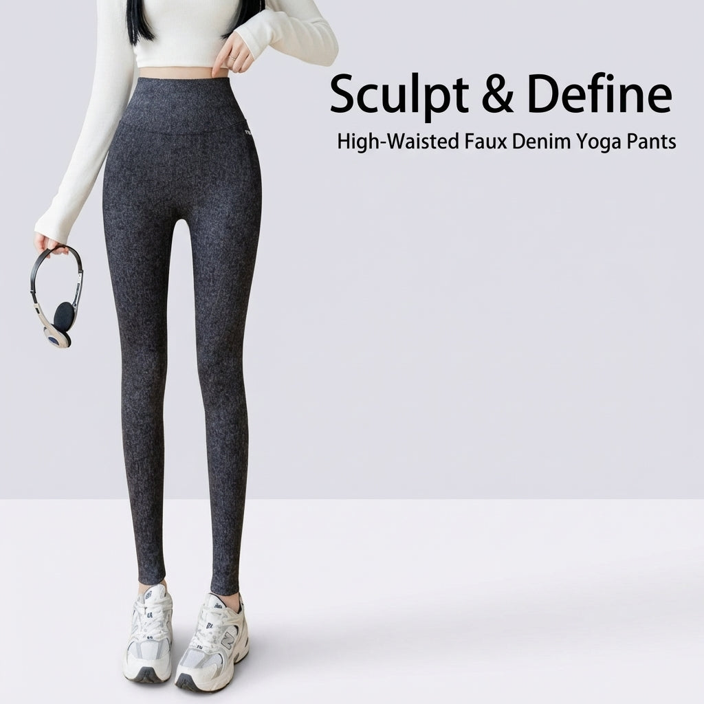 Leggings for Women UK High Waist Gym with Shaping Control and Butt Lift, Sculpting Denim Look Design for Workout, Plus Size