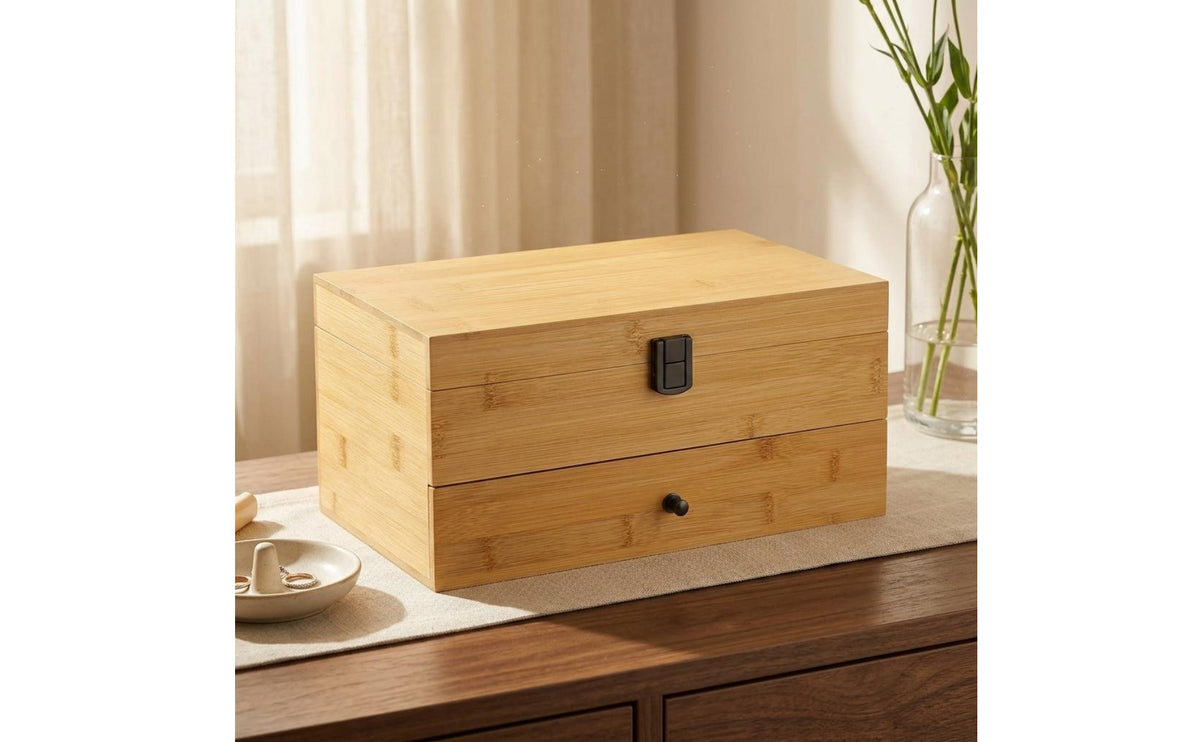 Divided Compartments Two-Tier Jewelry Box Textile Lined 2-Tier Jewelry Box Hinged Lid Storage Item Drawer Style