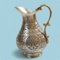 Artisanal Decorative Turkish Pitcher Curved Handle Metal Water Pitcher Flared Spout Table Accessory Wide Rounded Body