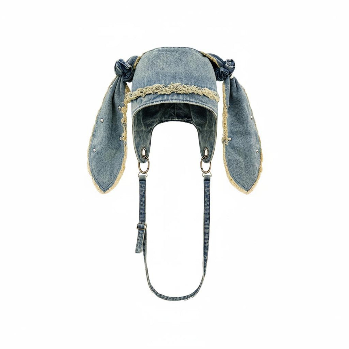 Distressed Washed Jean Fabric Rabbit Ear Cap Grunge Design Jean Fabric Bunny Ear Hat Cute Cotton Bunny Hat Lightweight for Women, Streetwear, Photo Shoots