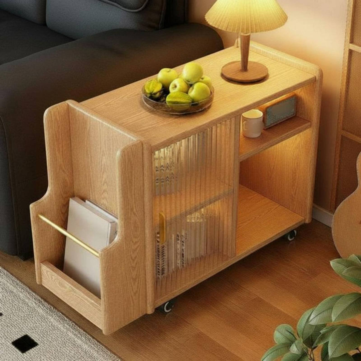 Vintage Design Wheeled End Table with Magazine Holder Space-Saving Design Mobile Storage Unit Sturdy Construction Indoor Furniture Polished Rounded Corners for Small Apartment Dwellers, Homeowners, Students, Living Room, Bedroom, Home Office