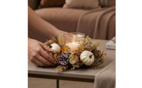 Harvest Wreath with Glass Holder Autumnal Candle Loop Festive Centerpiece Faux for Hosts, Tabletop, Thanksgiving, Mantel
