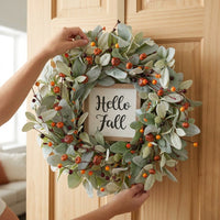 Entrance Wreath, Artificial Flower, Berry, Eucalyptus Wreath, 45cm, Autumn, Pumpkin, Wall Decoration, Natural, Interior Decor