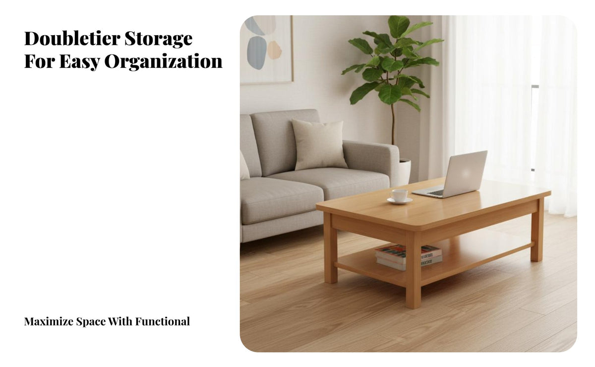 Modern Chinese Design 2-Tier Rectangular Table with Storage Shelf Two-Tier Coffee Stand Space Saving Living Room Furniture Multi-Functional for Small Apartment Dwellers, Homeowners, Interior Decorators, Lounge Area, Office