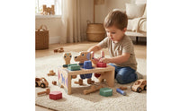 Natural Wood Finish Wooden Tool Bench Brightly Colored Tool Bench Toy Peg-and-Slot Construction Workbench Educational for Children