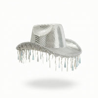 Hat with Bead Chains Shiny Mesh Cowboy Hat Fringed Fashionable for Women, Parties, Festivals