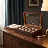 Padded Compartments Glass Lid Watch Display Box Metal Lock Wooden Watch Display Case Hinged Opening Divider Inserts