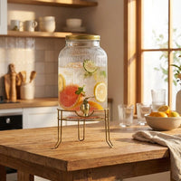 Glass Water Beverage Dispenser with Tap, European Style Round Shape Glass Dispenser, 5.5L or 8L Drink Dispenser for Iced Tea and Juice Serving