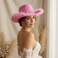 Pink Cowboy Hat with Feather Trim Rhinestone Cowgirl Hat with Feathers Felt-Like Wide-Brim for Bride, Women, Girls Night Out