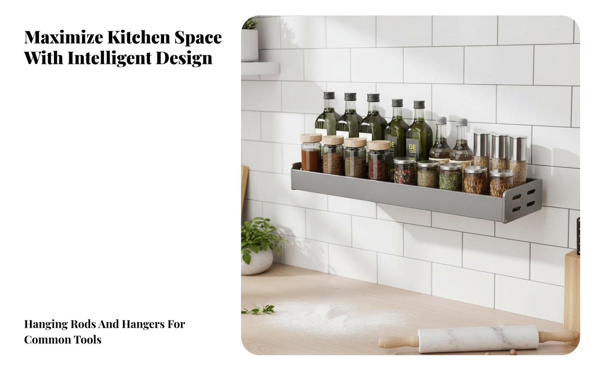 Drillwithout Installation Seasoning and Utensil Wall Rack Multi-Functional Wall-Mounted Rack with Hooks Multifunctional Kitchen Organizer Easy to Install for Renters, Home Cooks, Homeowners, Pantry, over Cooktop
