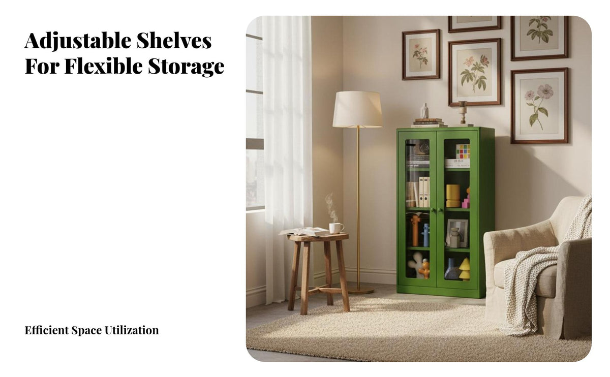 Formaldehyde-Devoid of 2-Door Glass Cabinet Dust-Proof Multi-Tier Glass Showcase Vintage Design Bookshelf Rounded Corners for Homeowners, Collectors, Hobbyists, Kid's Room, Bedroom, Study, Home Office