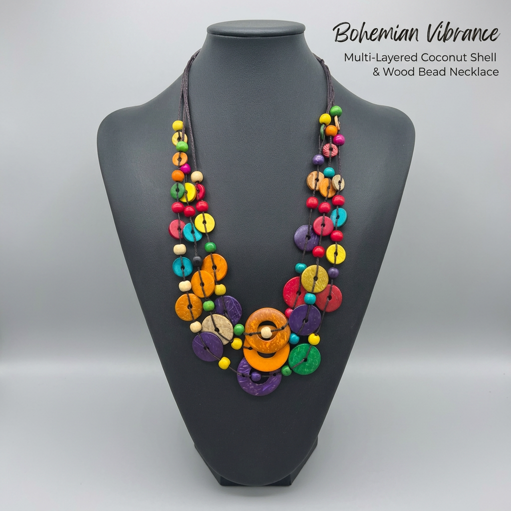 Bohemian Multi-layer Coconut Bead Necklace, Handmade Wood Bead Surfer Necklace for Women, Ethnic Woven Pendant, Artistic, Casual Beach Jewelry