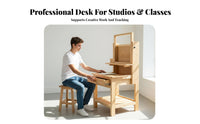 Solid Wood Construction Adjustable Easel Desk Stable Structure Drawing Desk with Integrated Easel Multi-Functional Wooden Art Workstation Multifunctional for Designers, Hobbyists, Classroom, Workshop, Crafting, Writing