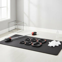 Silver-Colored Standard Barbell and Plates Red Accents Barbell Set Straight Design Weight Bar Large Center Opening