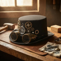 Compass Ornament Top Hat with Goggles Smooth Dark Finish Steampunk Top Hat