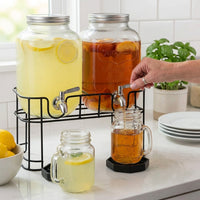 Juice Dispenser Set of 2, Glass Dispenser with Tap and Metal Stand, Stainless Steel Lid Water Urn for Iced Tea, Cold Water Business Gift 5000ML