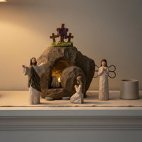 Hand-Painted Empty Tomb Decoration Set Light-Up Jesus Resurrection Scene Set LED Illuminated He Is Risen Decoration Resin Craftsmanship for Christians, Living Room, Church