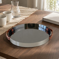 Leather Handled Tray Stainless Steel Mirrored Tray Shallow Rim Serving Platter for Tabletop Display