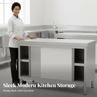 Easy to Clean Stainless Steel Work Table Rust Resistant Kitchen Prep Table with Cabinet Heavy Duty Commercial Kitchen Workbench Adjustable Feet for Restaurant Owners, Home Cooks, Bakery, Cafeteria, Warehouse, Workshop