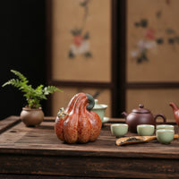 Ceramic Pumpkin Tea Pet Textured Tea Pet with Frog Handmade Frog Figurine Lobed for Collectors, Display Shelf