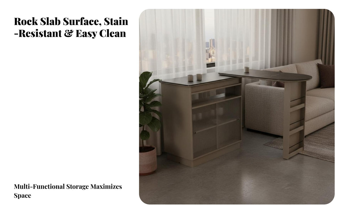 Minimalist Design Extendable Bar Table with Storage Space Saving Sintered St Single Top Bar Counter Spacious Countertop Multifunctional Room Divider Easy to Clean for Small Apartment Dwellers, Homeowners, Families
