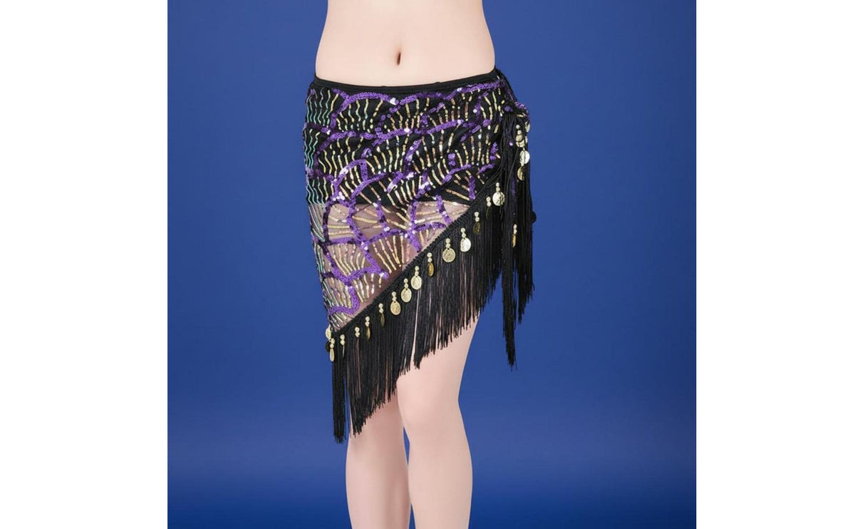 Lightweight Belly Dance Hip Scarf Adjustable Tie Sequin Fringe Skirt Asymmetrical Dance Skirt for Stage Performance, Halloween Party