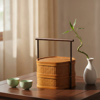 Handmade Double-Layer Bamboo Basket Natural Basket with Handle and Lid Vintage Multi-Purpose for Tea Lovers