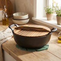 Frying Pan for Stir Fry and Griddle Pan Meals, Large Cast Iron Wok with Wood Lid and Handles, Heavy Duty Cooking Pot