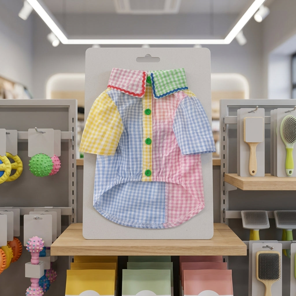 Summer Lightweight Contrast Shirt for Small Dog Clothing, Polyester Patchwork Cat Outfits with Frill and Buttons, Breathable Animal Fashion