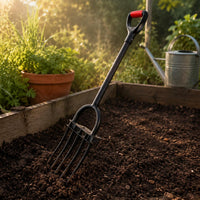 Manganese Steel Deep Tiller Tool Curved Tines Long Handled Digging Fork Reinforced Welded Frame Heavy Duty Garden Digging Implement Red Grip Handle