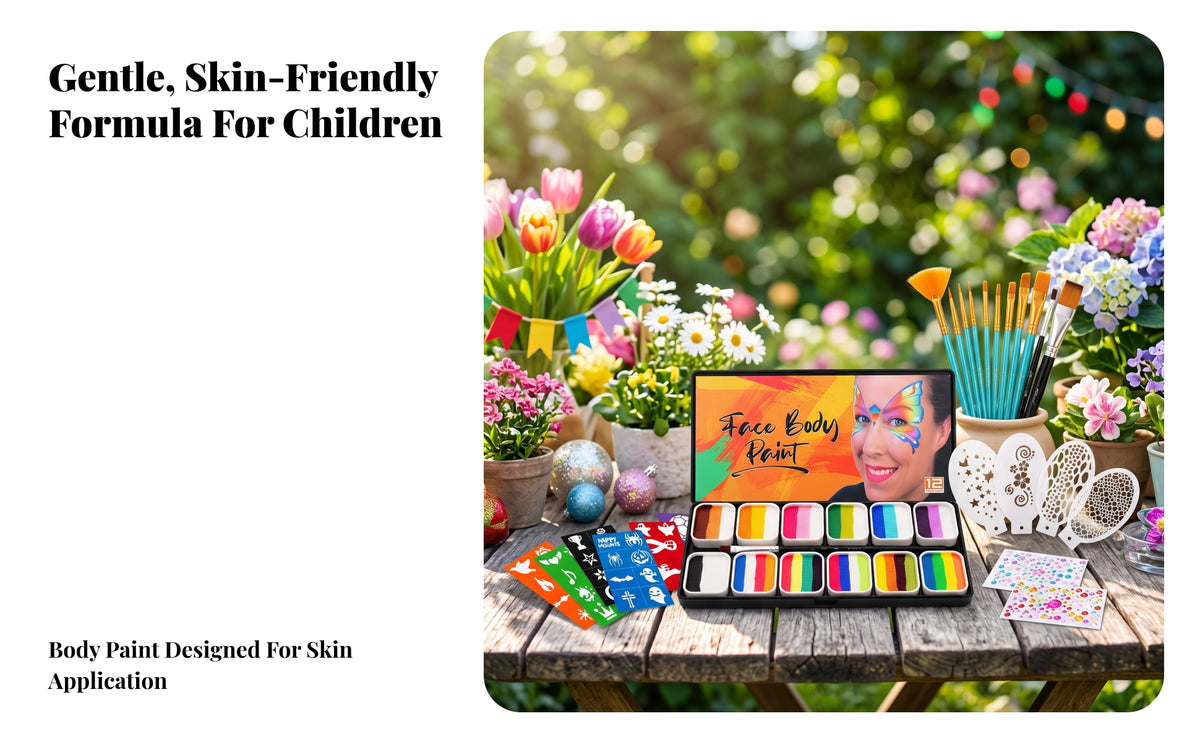 Face Paint Kit with Brushes and Stencils | 12 Bright Colors, complete, Face and Body Paint Set with Stencils, for Parties