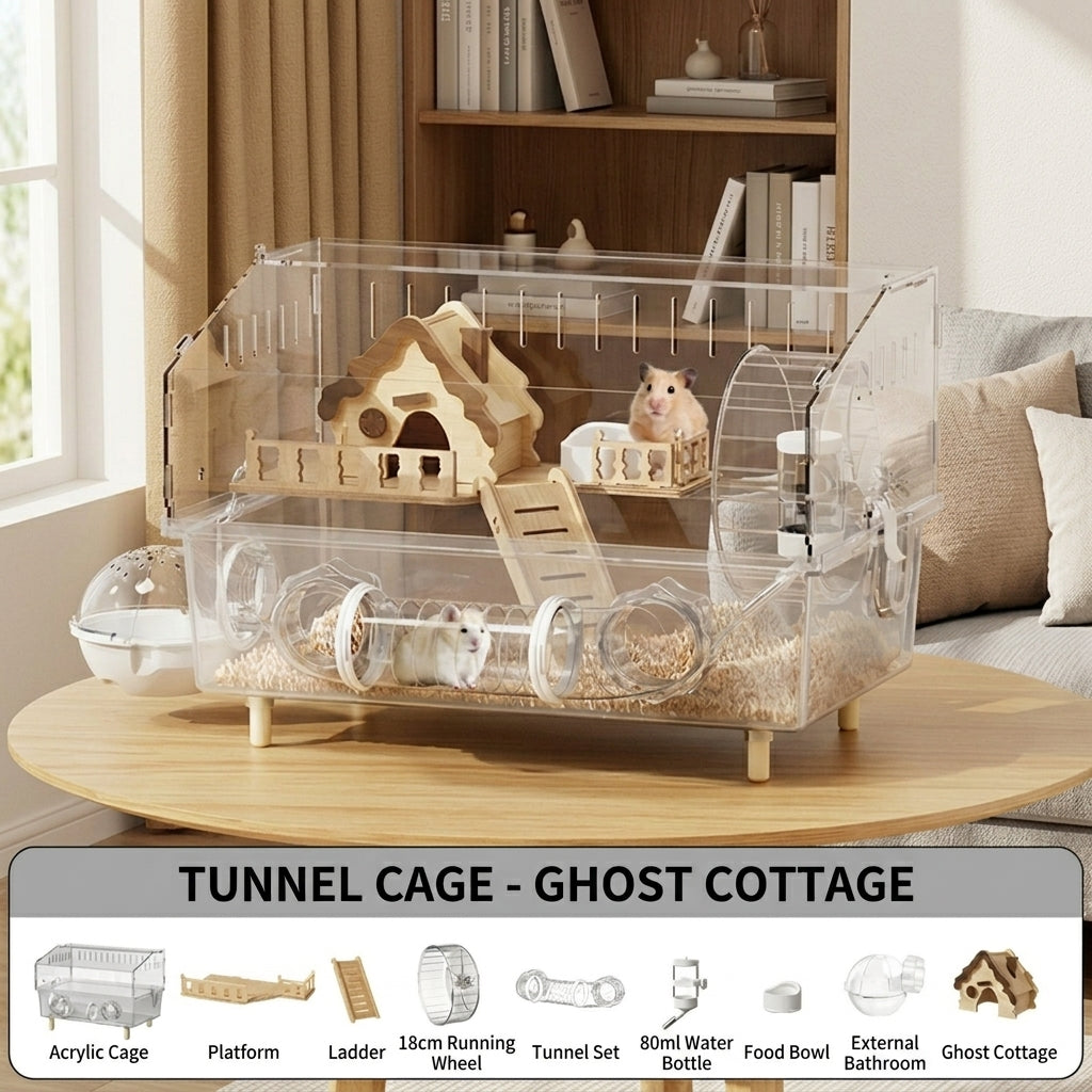 Large Hamster Cage Acrylic Habitat with Built-in Tunnels and External Play Ball, Modern Rectangular Indoor Transparent Viewing Home