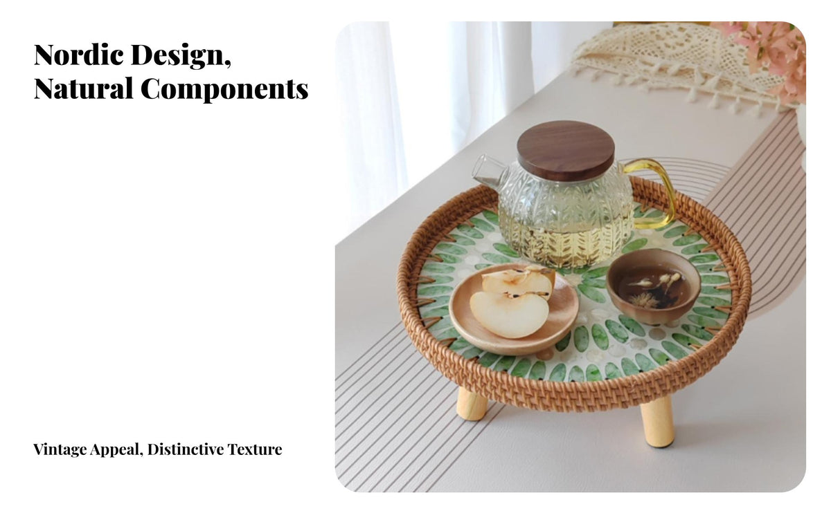 Handmade Rattan Shell Tea Table Lightweight Round Mosaic Side Table Multi-Purpose Round Rattan Serving Tray Multipurpose for Interior Design Enthusiasts, Homeowners, Hosts, Tatami Room, Bay Window, Balcony, Bedroom