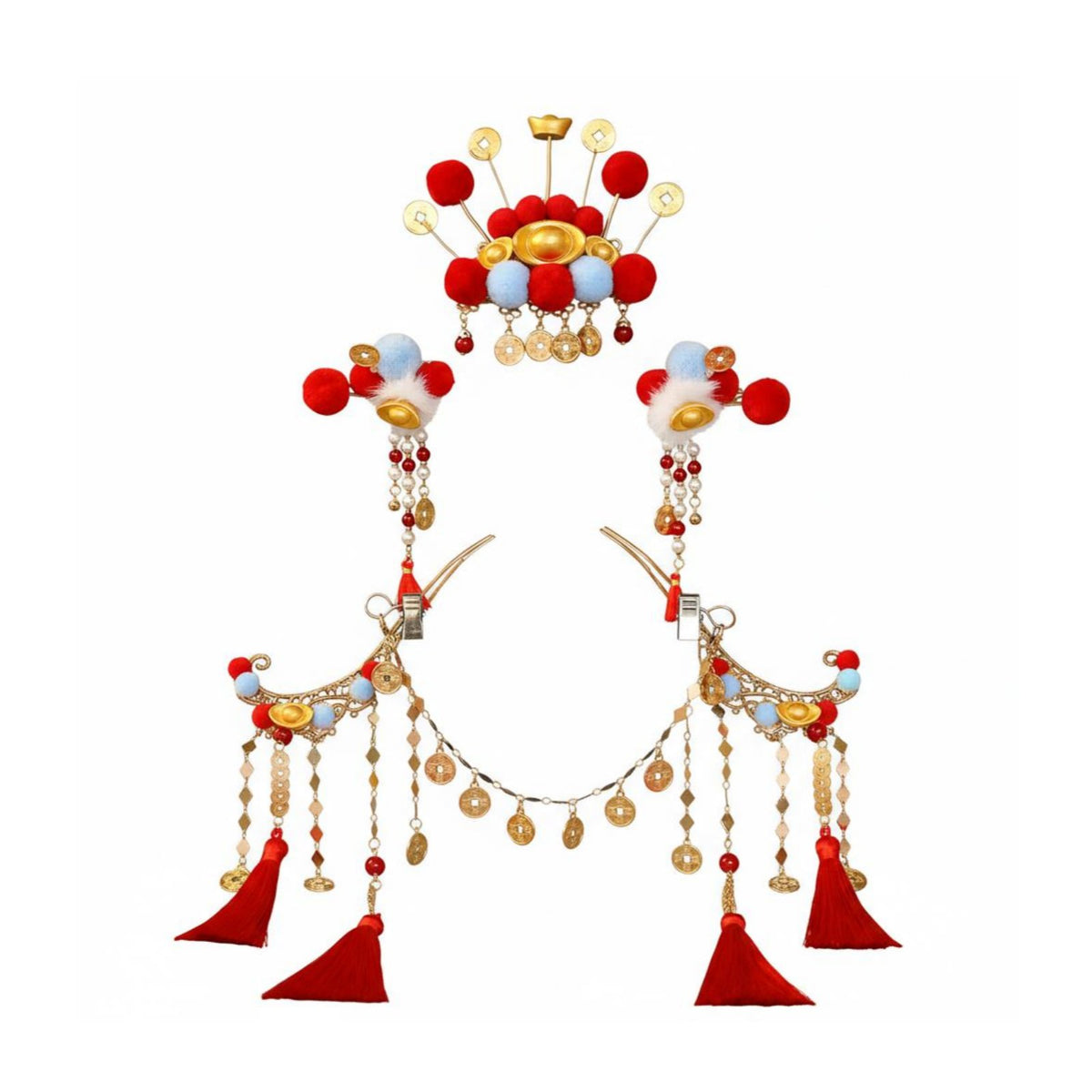 God of Wealth Hair Crown Dangling Coins Chinese New Year Hair Crown Set Red Tassel Decorative Puff Headdress for Event S