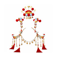 God of Wealth Hair Crown Dangling Coins Chinese New Year Hair Crown Set Red Tassel Decorative Puff Headdress for Event S