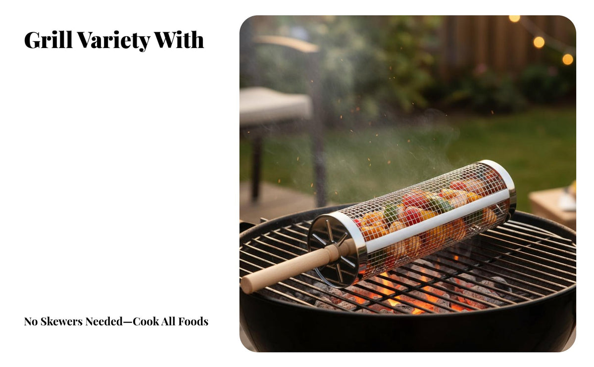 Rolling Grill Basket 360 Degree Rotation Rolling Grilling Basket Anti-Scald Handle Cylindrical BBQ Mesh Cage for Outdoor, Camping, Tailgating