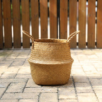 Laundry Basket for Versatile Laundry Storage, Seagrass Belly Plant Pot and Plant Basket, Foldable Toy Basket or Storage Bag, Handmade Handle