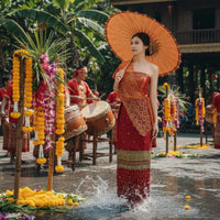 Red Dai Ethnic Women's Dress, Thai Style, Water Festival, Spa Reception, Studio Uniform