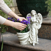 Artistic Design European Design Angel Flower Pot Detailed Carving Vintage Angel Flower Pot Stable Base Resin Garden Statue Hand-Carved for Gardeners, Courtyard, Patio, Balcony