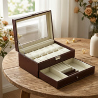 Two-Tier Watch Box with Drawer Compartmented Jewelry Box with Glass Lid Rectangular Watch Display Case with Glass Lid Padded for Dresser, Vanity Table