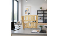 Natural Wood Finish Two-Tier Phone Stand Freestanding Slatted Phone Stand Organized Storage Desk Accessory Unobstructed Design