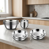 Stainless Steel Camping Dinnerware Set, Matte Silver, 11.4cm Salad Bowl, Reusable Picnic Dinnerware for 6 People