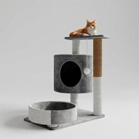 Cat Activity Center with House and Hammock, 2-Level Simple Style Perch featuring Scratching Board, Compact 55cm Height for Indoor Kitten Play
