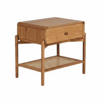 Rattan Design Nightstand with Storage Vintage Aesthetic Single-Drawer Stand with Woven Shelf Minimalist Design Bedside Table Rounded Corners for Guesthouse Owners, Apartment Dwellers, Homeowners, Bedroom, Small Areas, Hotel Room, Office