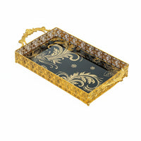 Gold Filigree Tray Hollow out Design Ornate Glass Tray Double Handle
