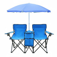 Double Folding Chair with Umbrella Foldable Design Portable Beach Loveseat with Canopy Storage Pockets Outdoor Furniture for Picnic, Backyard