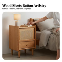 Japandi Design Rattan Door Accent Cabinet Minimalist Design Rattan Door End Table Small Space Solution Nightstand Versatile Usage for Apartment Dwellers, Home Decorators, Homeowners, Bedroom, Living Room, Entryway