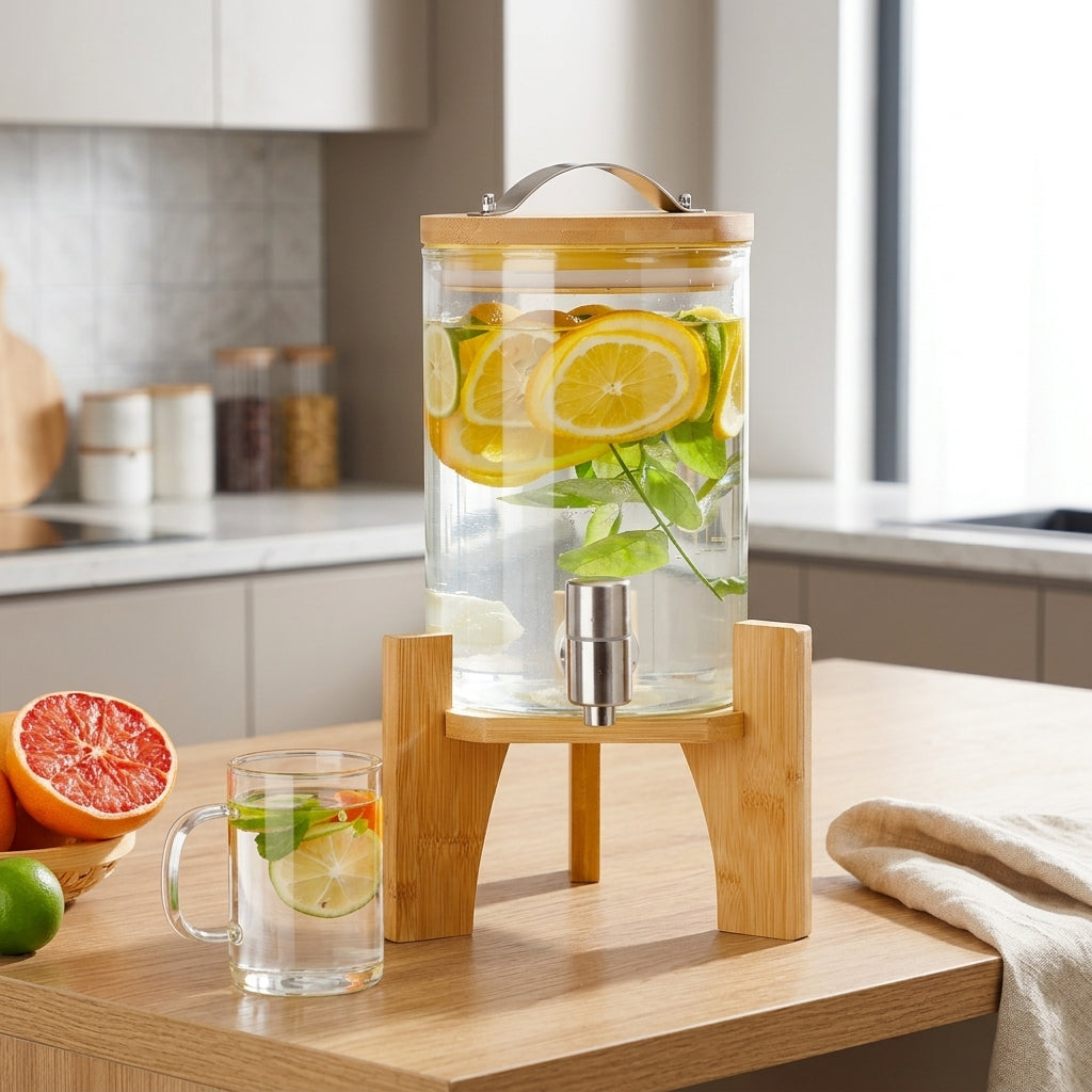 Glass Water Dispenser with Wood Stand, Large Cold Water Dispenser with Stainless Steel Tap, Ice Crackle Pattern Glass Dispenser for Home Bar Use